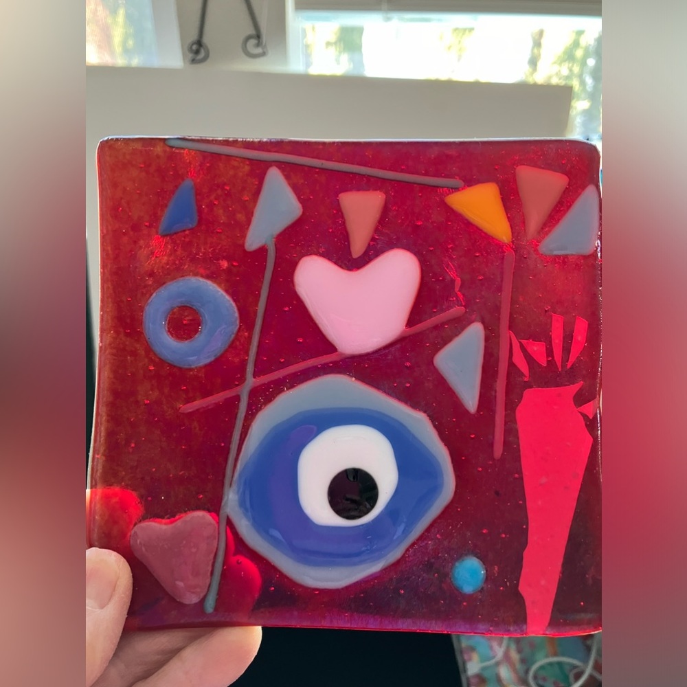 Love & Protection Fused Art Glass Handmade 5” Ruby Square Tray